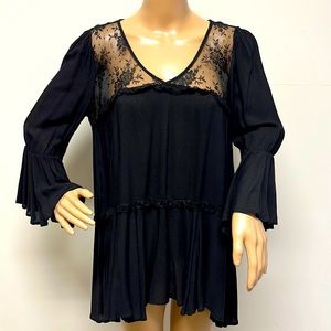 Andree Black Bell Sleeve Tunic with Sheer Lace